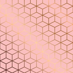 Seamless pattern design with golden geometric lines and cubes on pink background, modern luxurious background