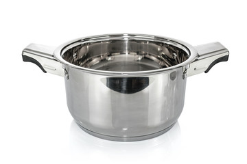 Premium stainless steel metal cooking pot isolated on a white background.