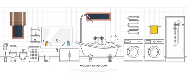 Modern bathroom interior with furniture in line style. Design modern bathroom, toothpaste and toothbrush, shower and bath, washing machine and dryer. Vector illustration