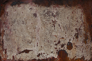 Rusty surface of beige metal plate. Rusty texture backdrop. Rust and burn on old metal. Rust on beige fence. Grunge rust stained beige metal fence. Mildew on iron-plate fencing. Seedy bingery paling.