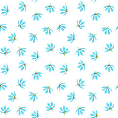 Watercolor hand drawn illustration seamless pattern background of blue flowers isolated on white