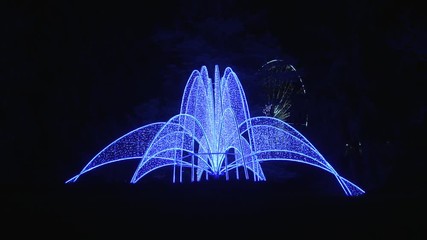 Neon light sculpture with a ferris wheel in the background