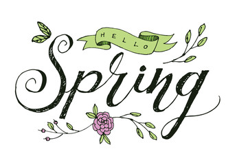 Hello Spring hand drawn calligraphy type design with hearts. EPS10 vector illustration. © Michele Paccione