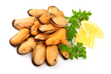 mussel with parsley leaf and lemon isolated on white background