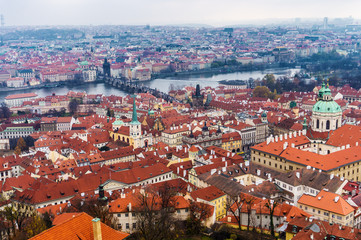 View of bridge on the Vltava river and historical center of Prague,buildings and landmarks of old town,Prague,Czech Republic