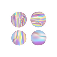 Set of trendy holographic color round stickers, vector illustration