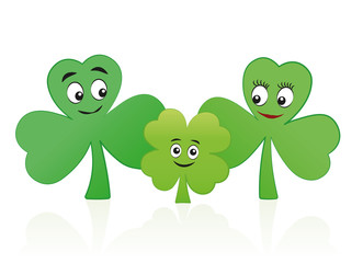 Lucky child - four leaf clover kid with three leaf clover mum and dad - comic vector illustration on white background.