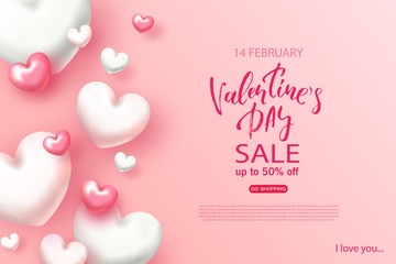 Valentines day sale banner. Beautiful Background with Hearts. Vector illustration for website , posters, email and newsletter designs, ads, coupons, promotional material.