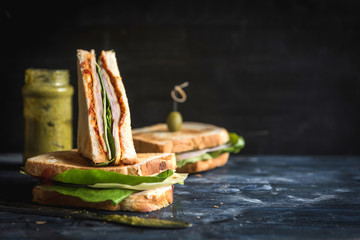 Toast sandwich with ham sliced on wooden background with blank space,selective focus