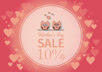 love Invitation card Valentine's day , paper cut mini heart, cut owls, loving owls, glare. Frame. Sale day. Vector illustration.