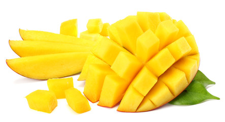 mango slice with green leaves isolated on white background