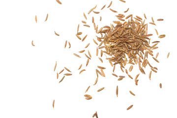 Cumin or caraway seeds isolated on white background. Top view