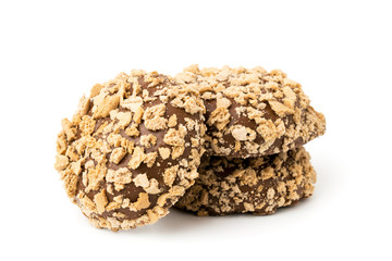 Chocolate bars sprinkled with crumbs of biscuit on a white, isolated