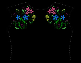 Embroidery colorful floral pattern. Flowers embroidery for textiles, neck line, dress, collar, blouse print on black background. Fashion patch decoration sticker. Satin stitch imitation. Vector AI10