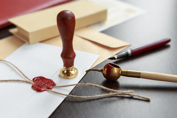 Notary's public pen and stamp on testament and last will. Notary public tools