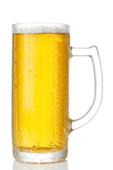 cold mug of beer with foam isolated on white background