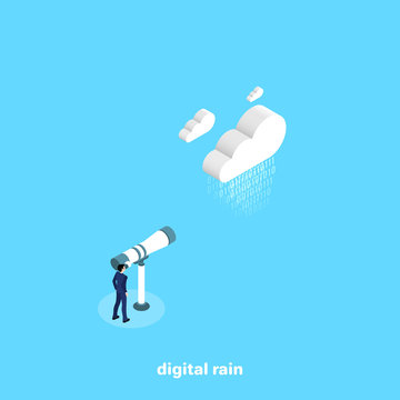 man in business suit looking through telescope on data cloud, isometric image