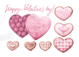 Watercolor hand-drawn set for Valentine's day on the white background