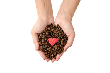 adult woman hand holding coffee beans with heart jelly, isolated on white