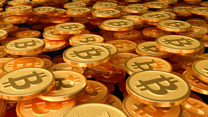 Many coins with the image of the sign of btc. 3d illustration