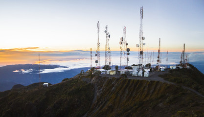 An array of communications towers sits on top of Volcan Barú, Panama's highest point, as seen at sunrise.