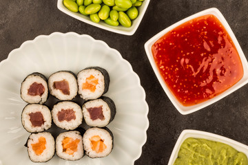 Japanese Style Maki Salmon and Tuna Sushi Rolls