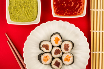 Japanese Style Maki Salmon and Tuna Sushi Rolls