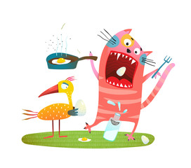 Cat and birdie feeding illustration. Vector illustration.