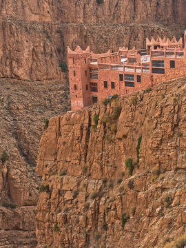 Hotel in casbah style at the edge of a cliff at Dadas Gorge in Morocco, Africa