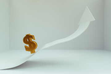 3D rendering of dollar sign with increaing arrow