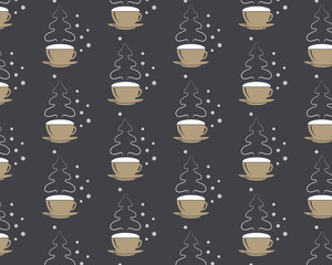 Seamless pattern Vector eps 10 coffee cup with snowflakes and christmas tree steaming silhouette. Happy New Year greetings. Coffee style colors