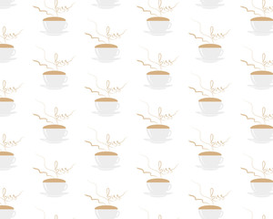 Seamless pattern with coffee cup with steming word kiss on white cbackground. Coffee foam and steam. EPS 10 Vector illustration