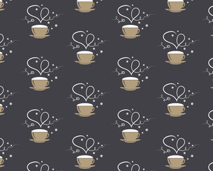 Seamless pattern with coffee mug with steming heart and word love on brown coffee style background. Coffee cup and steam. Happy Valentine's day. EPS 10 Vector illustration