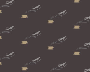 Seamless pattern with steaming coffee mug and airplane on dark brown background. Drink and travel symbols. Airport, flight, world, travel, trip, holiday. Vector EPS 10 illustration