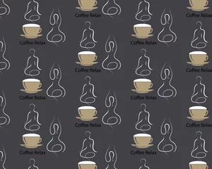 Papier Peint photo Café Modèle sans couture Tasse à café fumante avec silhouette d& 39 un corps en yoga lotus assana. Concept de café et de détente. L& 39 heure du café, la pause, le repos. Vecteur EPS10 dans un style café sur fond sombre