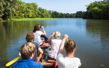 A group of wildlife surveyors canoes through the canals of Tortuguero National Park, Costa Rica.