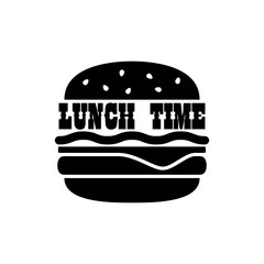 Icono plano LUNCH TIME en hamburguesa negro en fondo blanco
