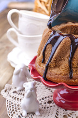Sweet pie for tea for breakfast. Cups for tea. Ceramic rabbits. Home cosiness.