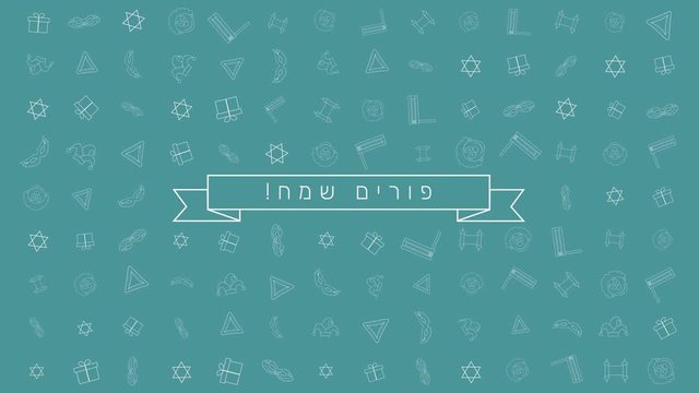 Purim holiday flat design animation background with traditional outline icon symbols and hebrew text