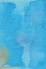 Abstract blue watercolol background with stains and splashes.