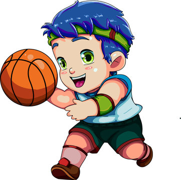 boy playing basketball, child dribbeling  ball in the from vektor