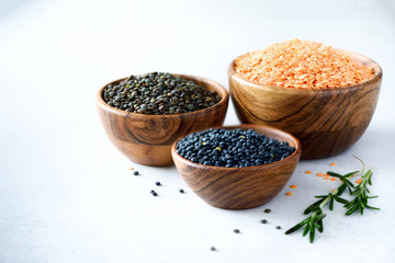 Assorted lentils. Marble, red and black raw organic lentils in wooden bowls with rosemary on grey concrete background. Copy space