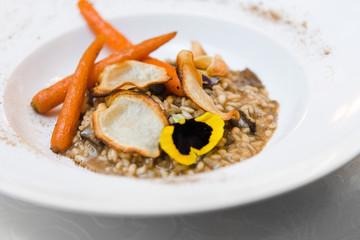 vegan gluten-free risotto with wild mushrooms, glazed carrots, parsley chips and forest powder