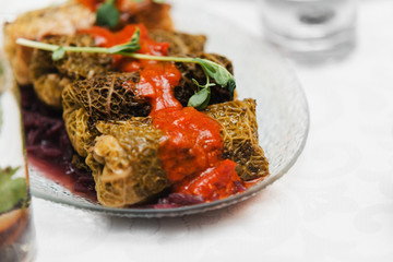 vegan gluten-free stuffed cabbage with millet and forest mushrooms, red onion jam