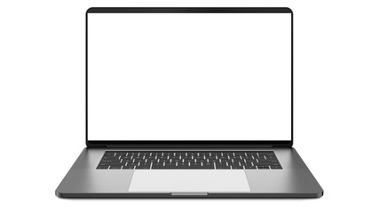 Laptop with blank screen isolated on white background. Whole in focus. High detailed. Template, mockup.