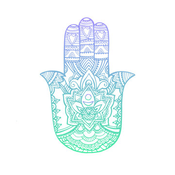 multicolored illustration of a hamsa hand symbol. Hand of Fatima religious sign with all seeing eye. Vintage bohemian style. Vector illustration in doodle zentangle style.