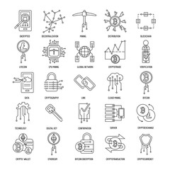 Blockchain and cryptocurrency mining vector icons in line style. Decentralized transaction system symbols. Cryptocurrency money, blockchain bitcoin system, transaction and currency vector illustration