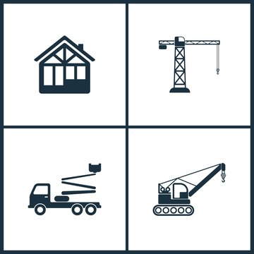 Vector Illustration Set Cinema Icons. Elements of Construction house , Building crane, Truck crane and Crane  icon