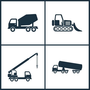 Vector Illustration Set Cinema Icons. Elements of Concrete mixer, Loader, Truck crane and Chemical truck icon
