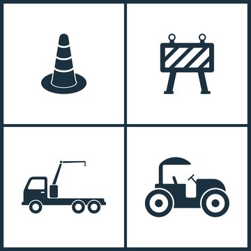 Vector Illustration Set Cinema Icons. Elements of Cone, Road barrier , Truck crane and Road roller icon